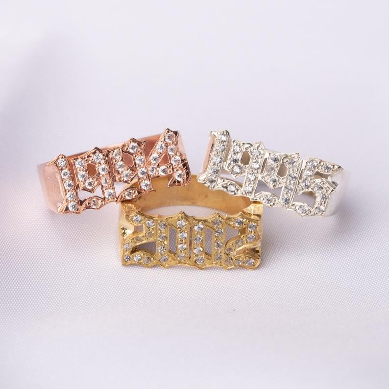 Gold Plated Personalized Gothic Crystal Year Ring-silviax