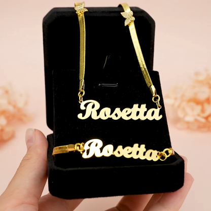 Snake Chain with Butterfly Gold Plated Personalized Custom Name Necklace and Bracelet Set