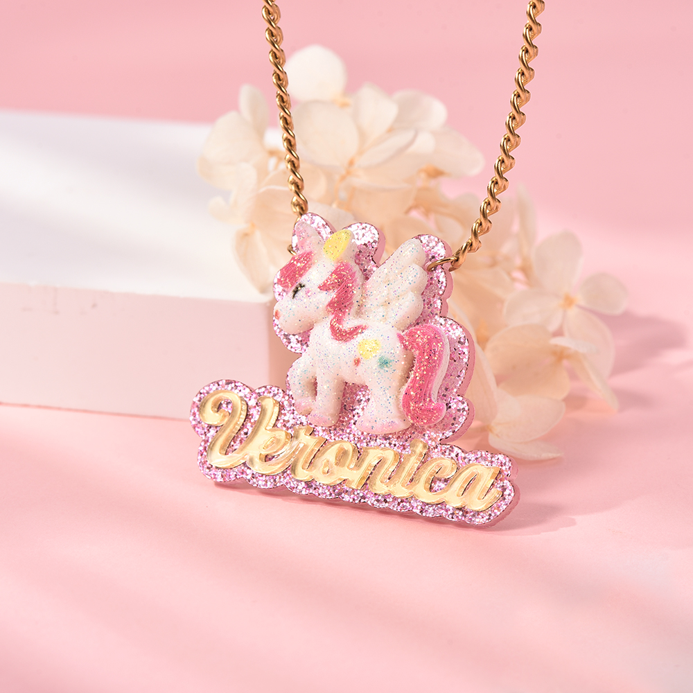 Cute Unicorn Personalized Pink Acrylic Name Necklace for Kids-silviax