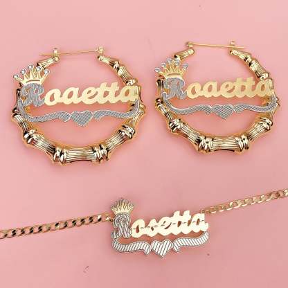 Crown Two Tone Personalized Custom Gold Plated Name Bamboo Hoop Earrings And Double Layer Name Necklace Set-silviax