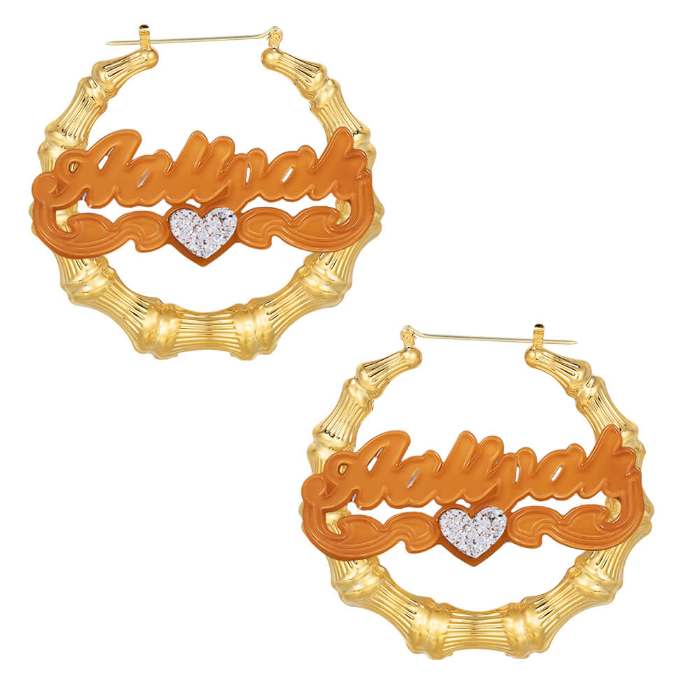 Double Layer Acrylic Love Heart Personalized Custom Bamboo Name Earrings-silviax