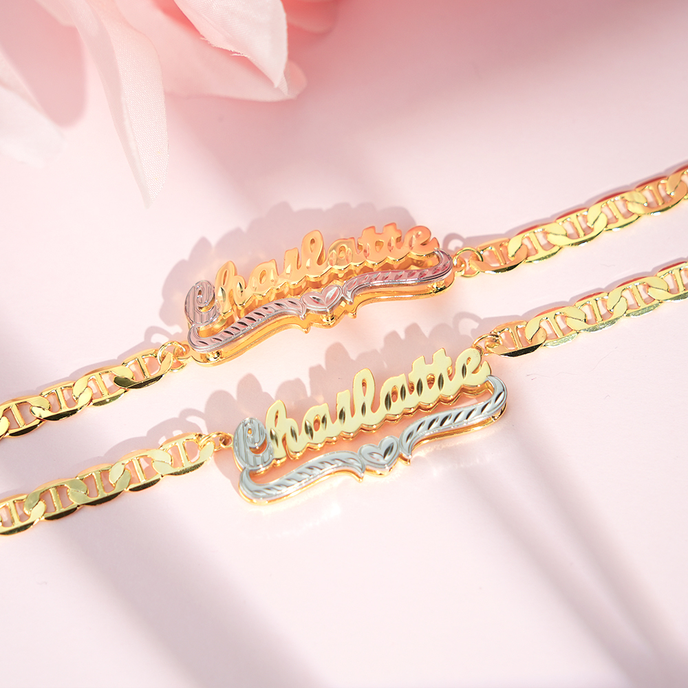 Custom Double Layer Two Tone Heart Name Necklace and Bracelet Set-silviax