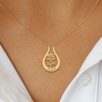 Personalized Birth Flower Gold Plated Engraved Name Ring Holder Necklace-silviax