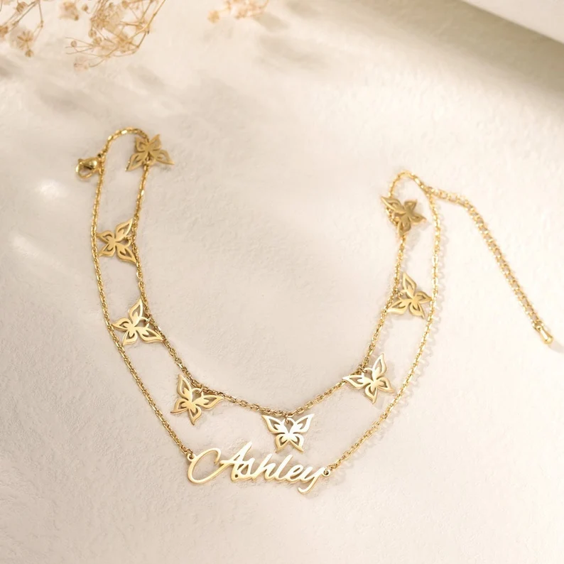 Double Layer Custom Personalized Butterfly Pendants Name Anklet-silviax
