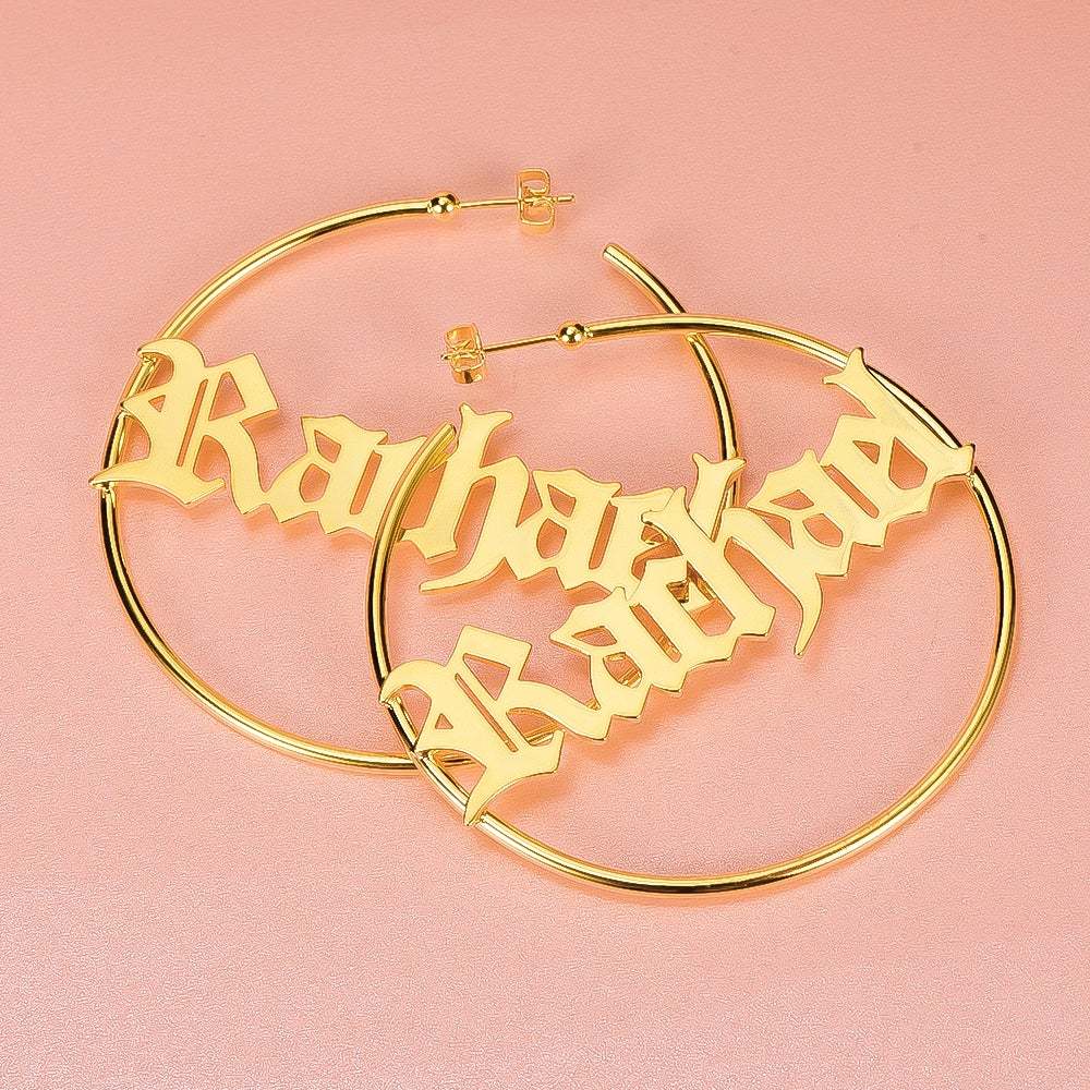 Gold Plated Personalized Old English Hoop Name Earrings-silviax