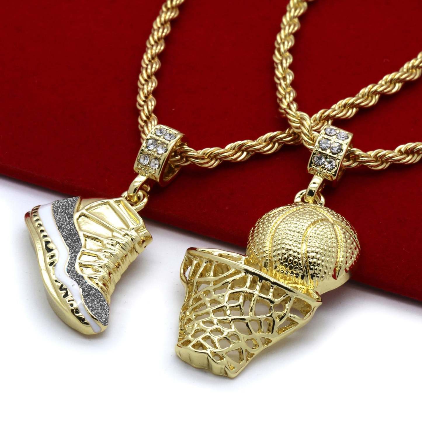 Hip Hop Retro Shoes Pendant & Basketball Basketball Hoop Pendant Gold Plated Necklace-silviax