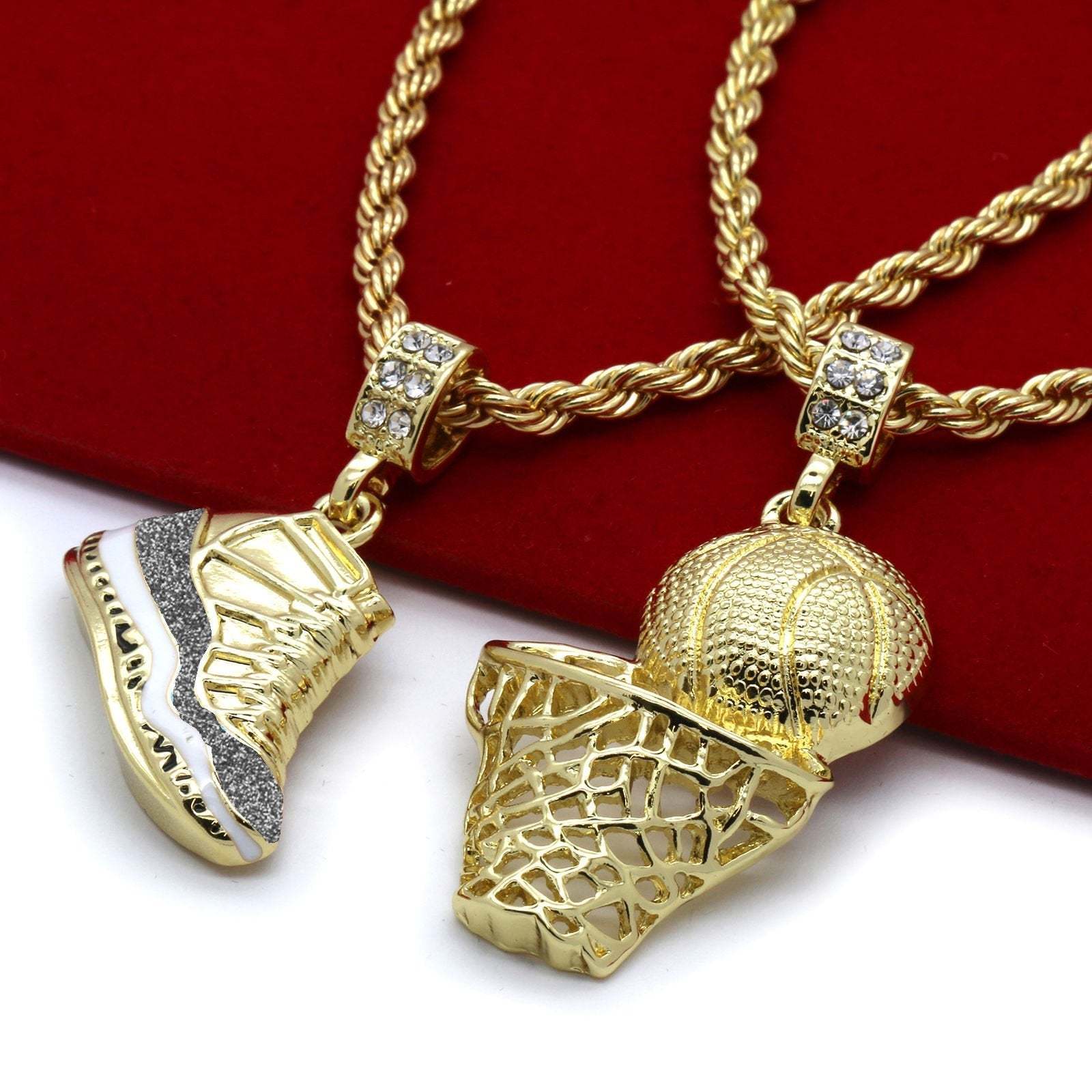 Hip Hop Retro Shoes Pendant & Basketball Basketball Hoop Pendant Gold Plated Necklace-silviax