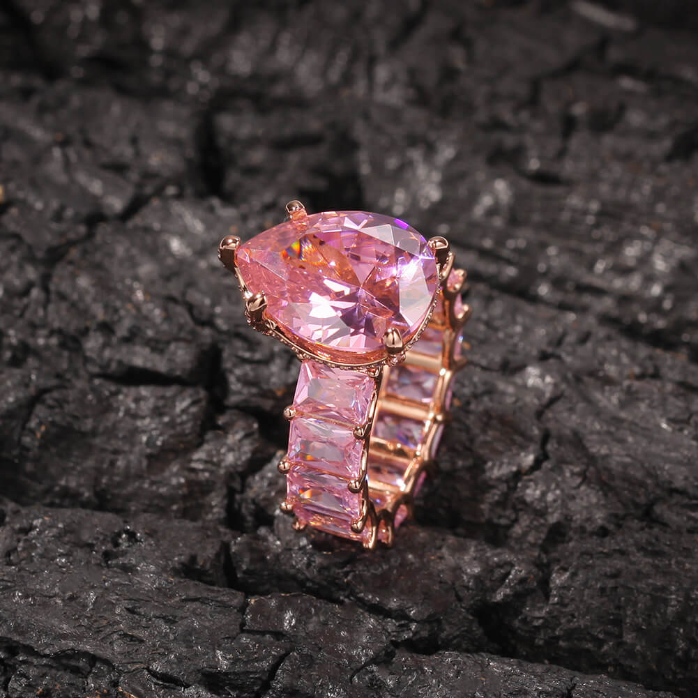 Pink Drop Zircon Ring Square Single Row Zircon Gold Plated Ring-silviax