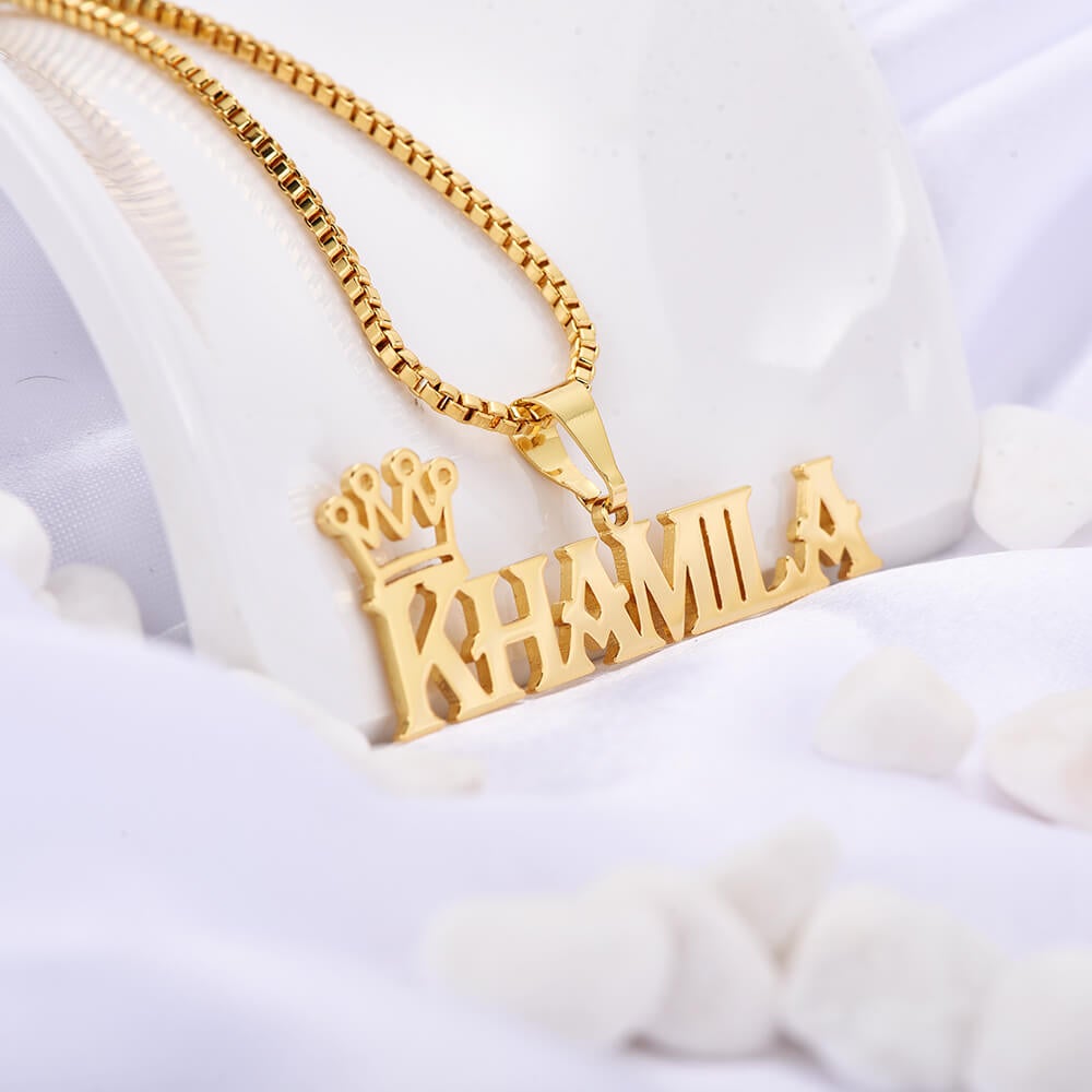Capital Letter Nameplate with Crown Personalized Custom Gold Plated Name Necklace-silviax