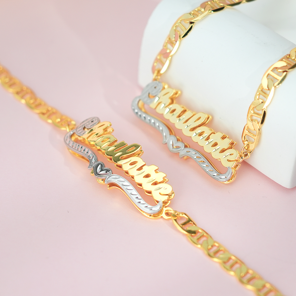 Custom Double Layer Two Tone Heart Name Necklace and Bracelet Set-silviax