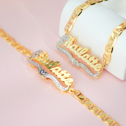 Custom Double Layer Two Tone Heart Name Necklace and Bracelet Set-silviax