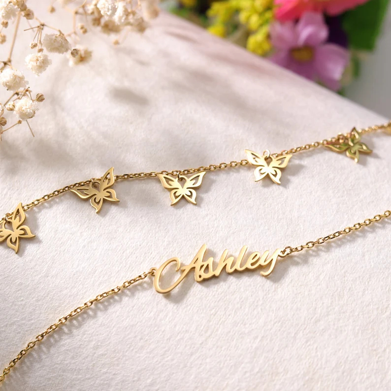 Double Layer Custom Personalized Butterfly Pendants Name Anklet-silviax