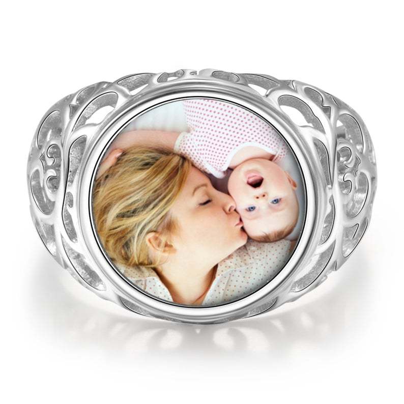 Round Photo Engraved Name Personalized Custom Gold Plated Photo Ring-silviax