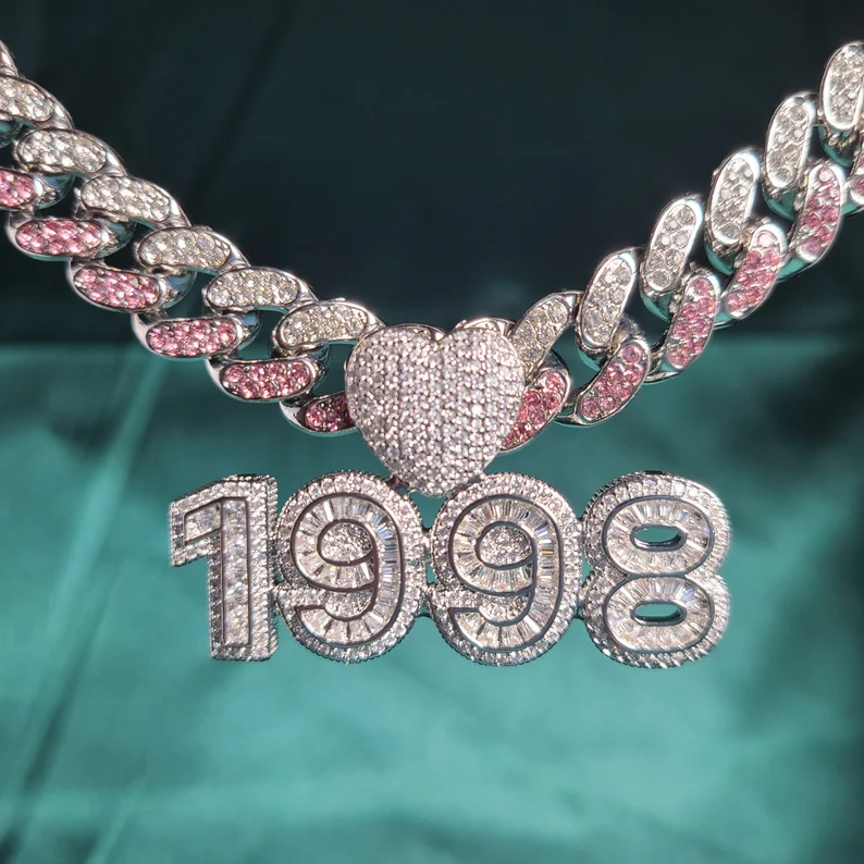 Iced Out Cuban Chain Baguette Numbers with Heart Birth Year Number Necklace-silviax