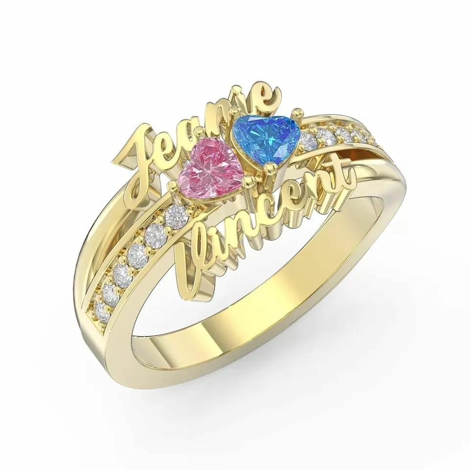 Personalized Custom Zirconia Two Names with Birthstone Gold Plated Name Ring