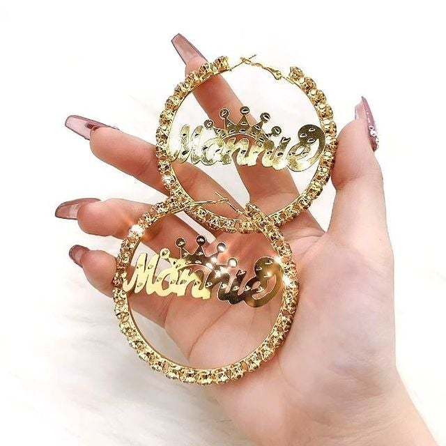 Gold Plated Personalized Hoop Name Earrings with Crown-silviax