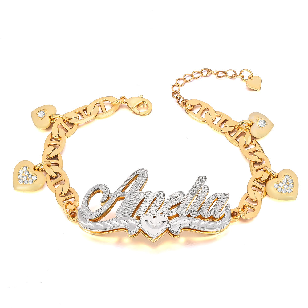 Double Layer Personalized Heart Nameplate With Heart Pendant Custom Name Bracelet-silviax