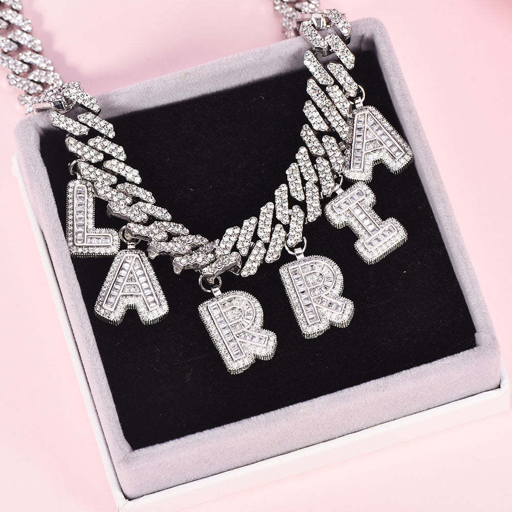 Hip Hop Cubic Zirconia Capital Letter Choker Cuban Chain Necklace-silviax