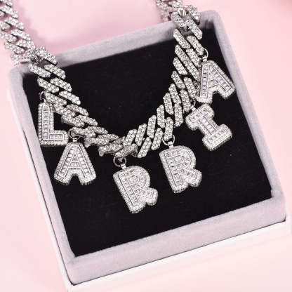 Hip Hop Cubic Zirconia Capital Letter Choker Cuban Chain Necklace-silviax
