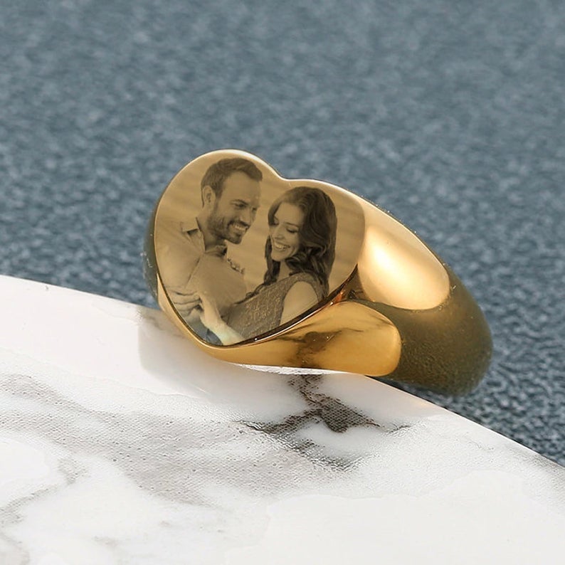 Love Heart Engraved Photo Personalized Custom Gold Plated Photo Ring-silviax