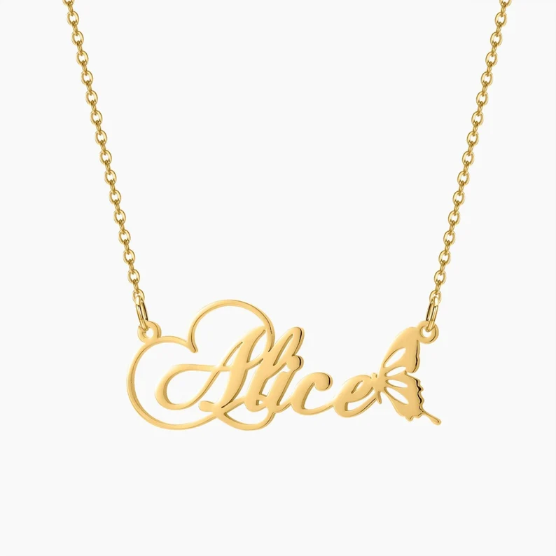 Gold Plated Nameplate with Butterfly Personalized Custom Name Necklace