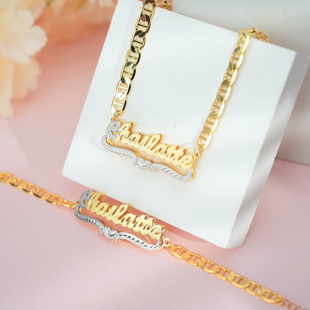 Custom Double Layer Two Tone Heart Name Necklace and Bracelet Set-silviax