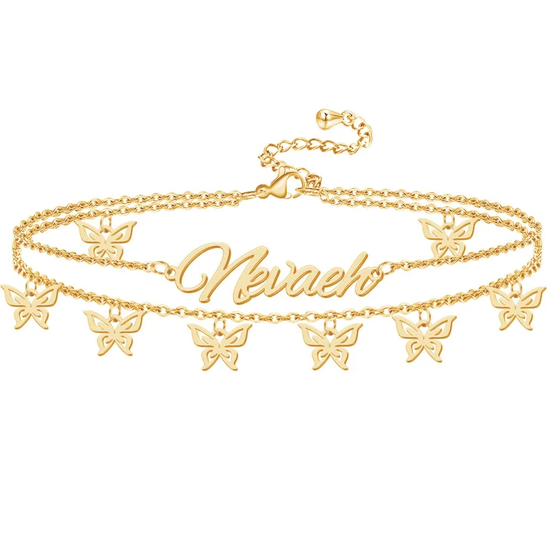 Double Layer Custom Personalized Butterfly Pendants Name Anklet-silviax