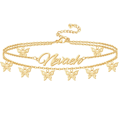 Double Layer Custom Personalized Butterfly Pendants Name Anklet-silviax