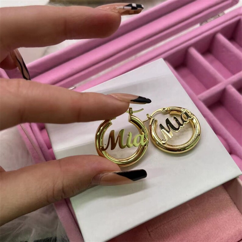 Baby Kids Personalized Custom Gold Plated Hoop Name Earrings 22mm-silviax