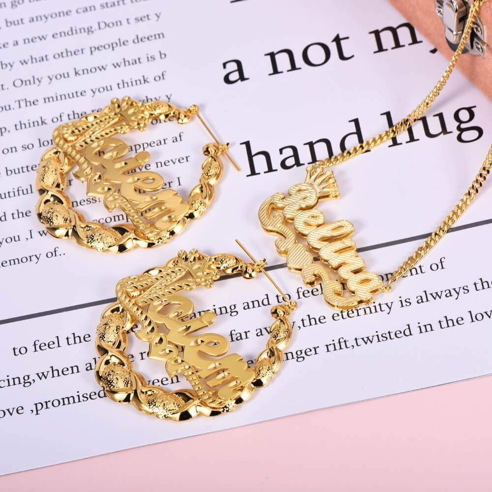 Crown Heart Double Layer Name Necklace And XOXO Name Earrings Personalized Custom Set-silviax
