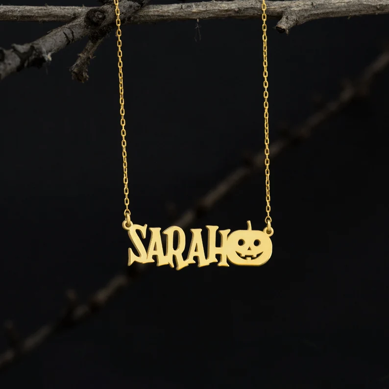 Halloween Cute Pumpkin Personalized Custom Gold Plated Name Necklace