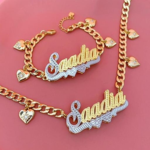 Double Layer Two Tone Two Hearts Nameplate Cuban Chain With Heart Personalized Custom Gold Plated Name Necklace And Bracelet Set-silviax