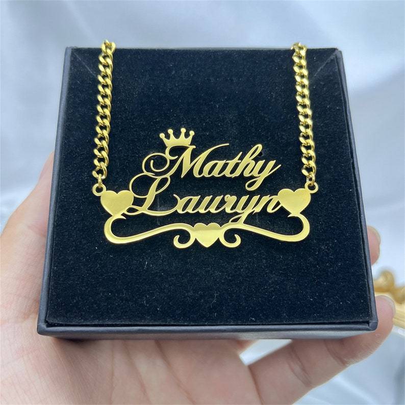 Three Heart and Crown Two Name Pendant Personalized Name Necklace-silviax