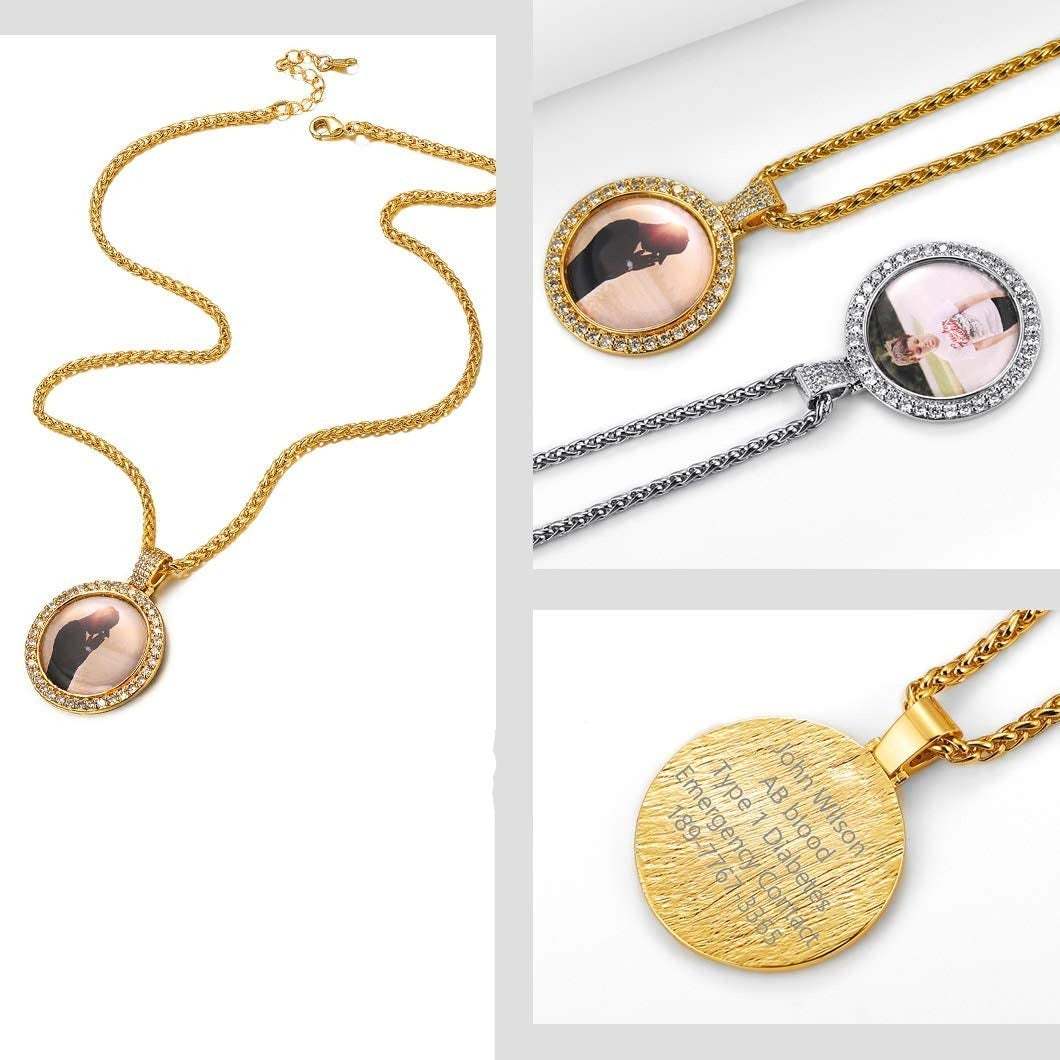 Gold Plated Personalized Custom Round Pendant Lettering Photo Necklace-silviax
