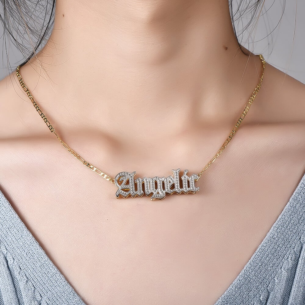 Double Layer Two Tone Old English Font Nameplate Personalized Custom Gold Plated Name Necklace-silviax