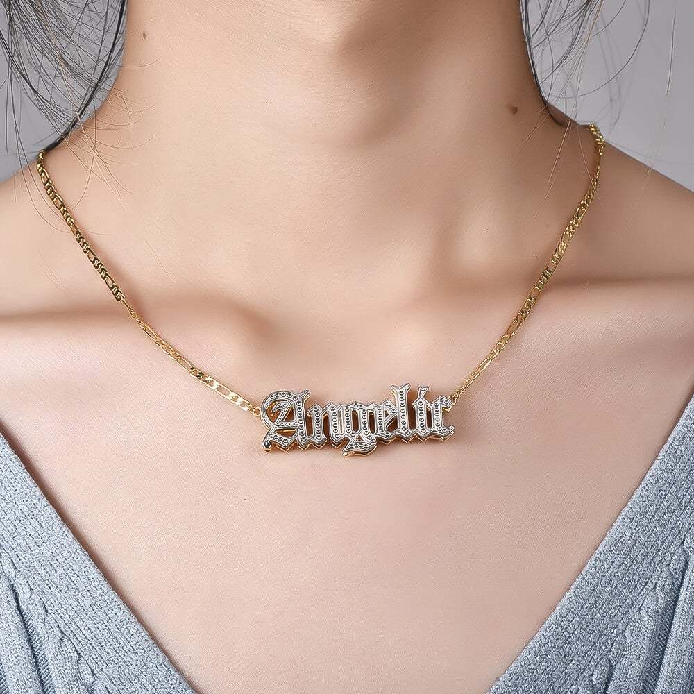 Double Layer Two Tone Old English Font Nameplate Personalized Custom Gold Plated Name Necklace-silviax