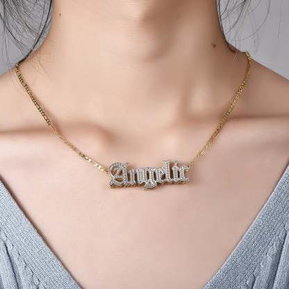 Double Layer Two Tone Old English Font Nameplate Personalized Custom Gold Plated Name Necklace-silviax
