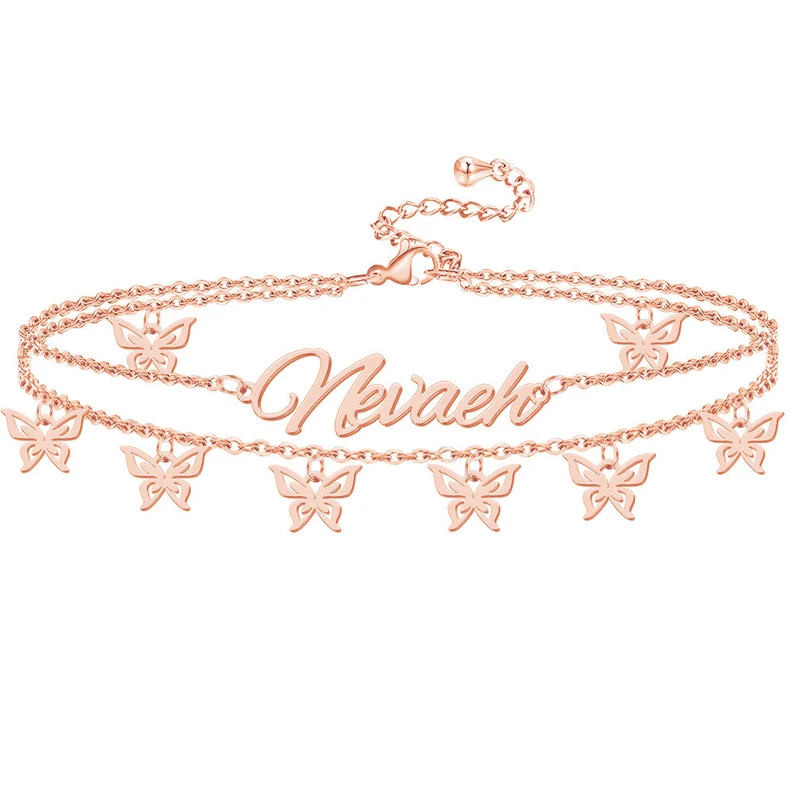 Double Layer Custom Personalized Butterfly Pendants Name Anklet-silviax