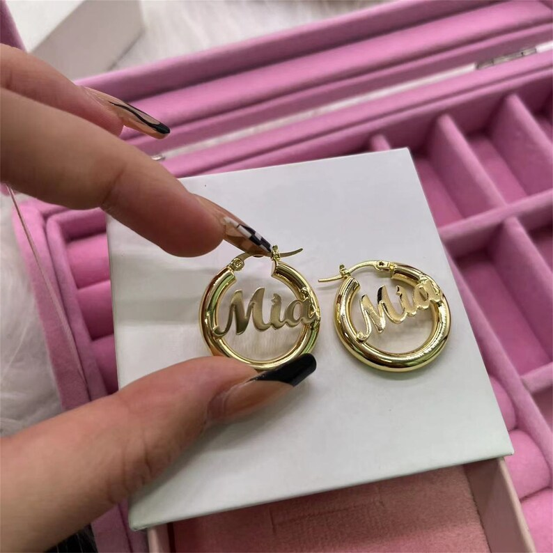 Baby Kids Personalized Custom Gold Plated Hoop Name Earrings 22mm-silviax