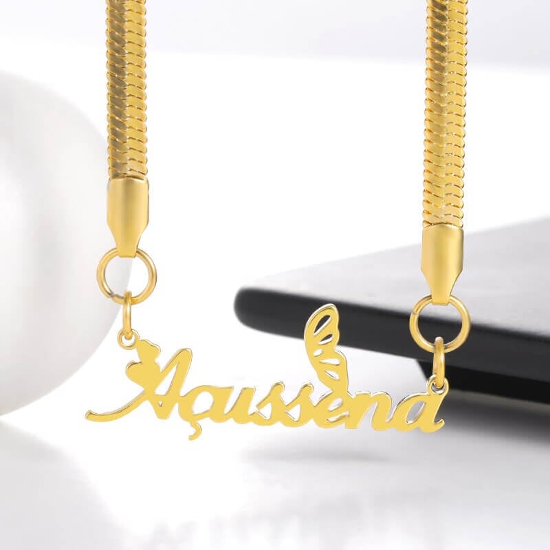 Heart Font Butterfly Wing Nameplate With Snake Chain Personalized Custom Gold Plated Name Necklace-silviax