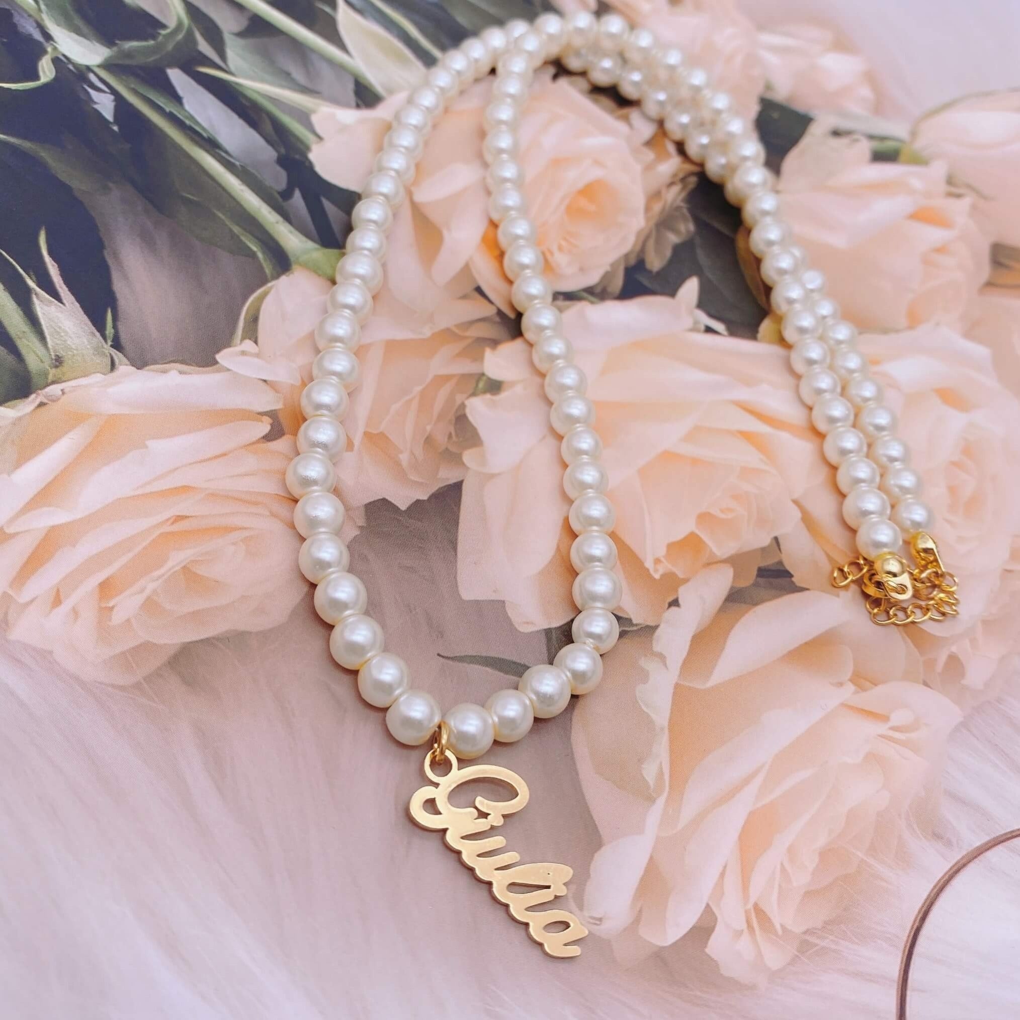 Vertical Nameplate Pendant with Pearl Chain Personalized Custom Name Necklace-silviax