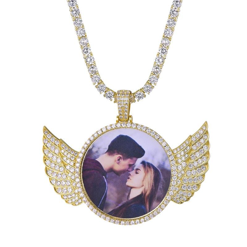 Angel Wings with Tennis Chain Gold Plated Personalized Circular Pendant Photo Necklace-silviax