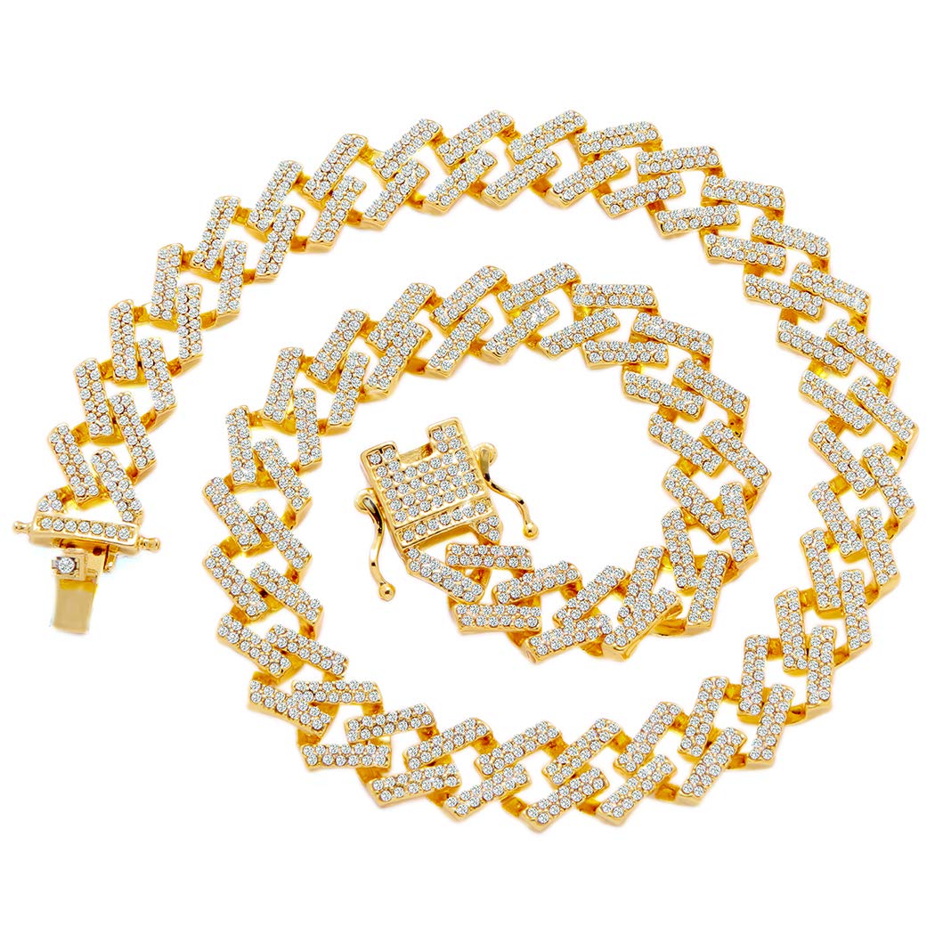 13mm Cuban Link Chain Iced Out Bling Hip Hop Prong Necklace Gold Plated Rhinestone Clasp Jewelry