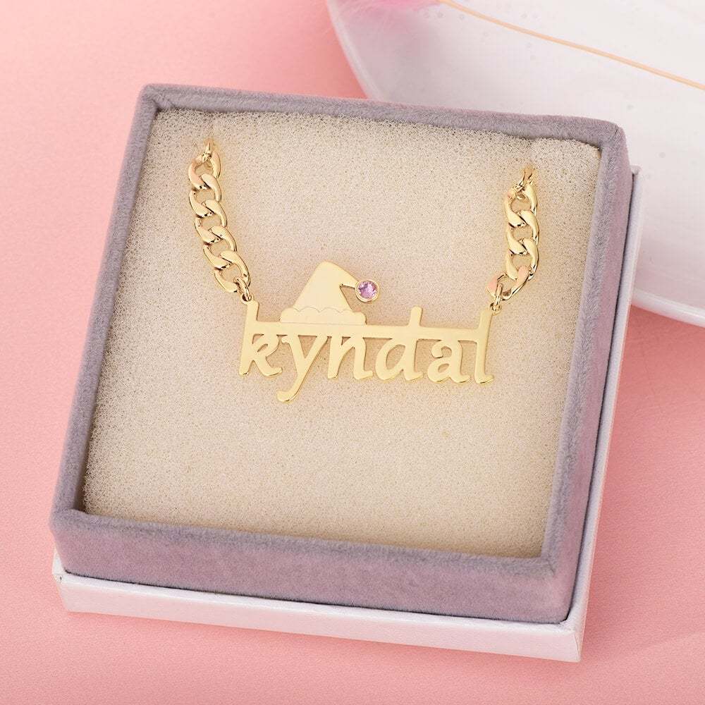 Christmas Hat With Birthstone And Horizontal Line Cuban Chain Personalized Custom Gold Plated Name Necklace-silviax