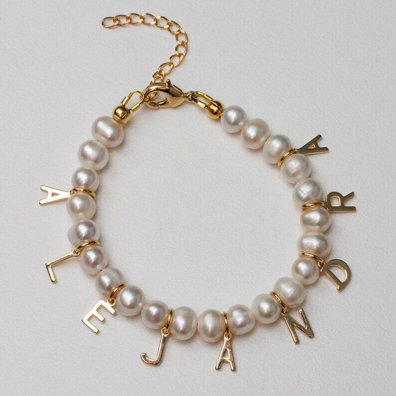 Initial Capital Letter with Pearl Chain Personalized Gold Plated Name Bracelet-silviax