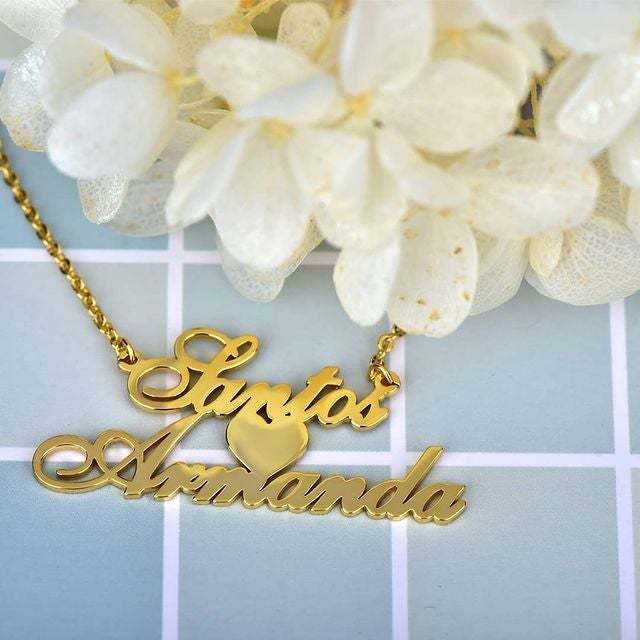 Heart Necklace In Middle With Two Names Gold Plated-silviax