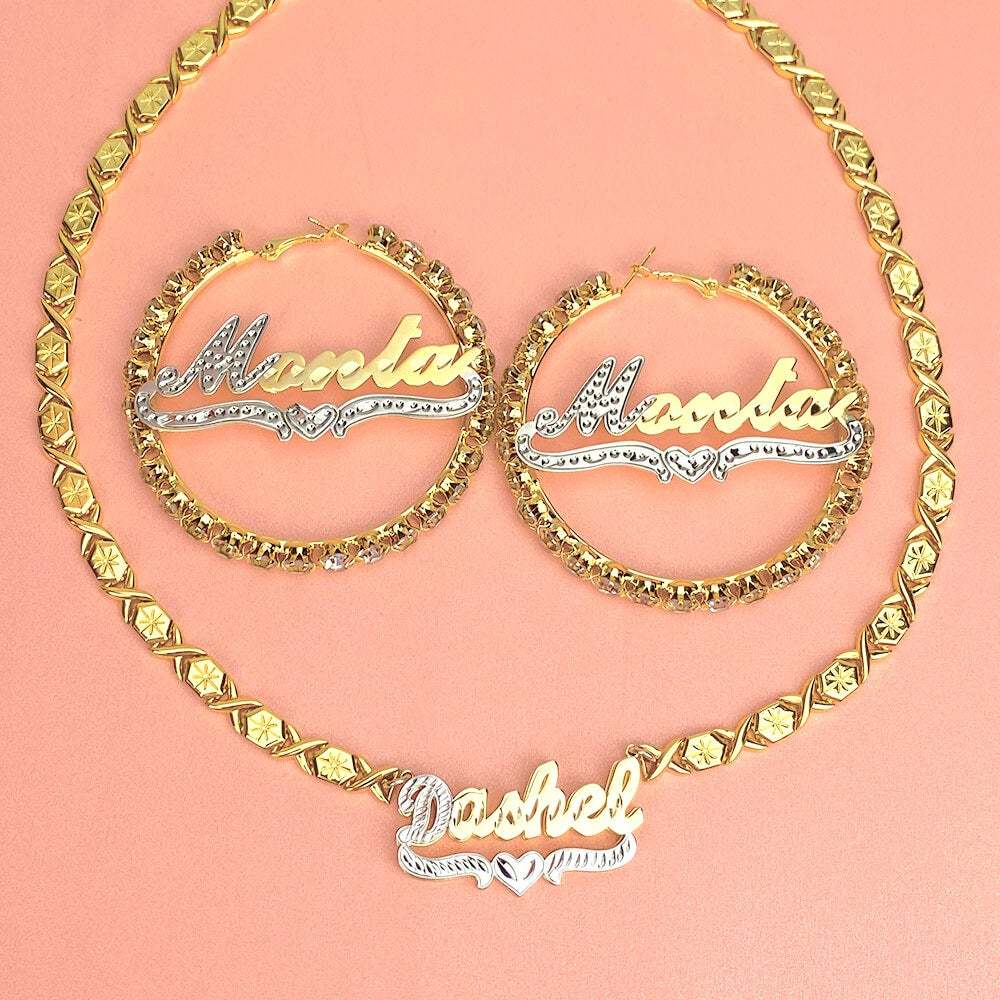Double Layer Two Tone XOXO Chain Name Necklace And Two Tone Inlaid Zircon Hoop Name Earrings with Heart Set-silviax