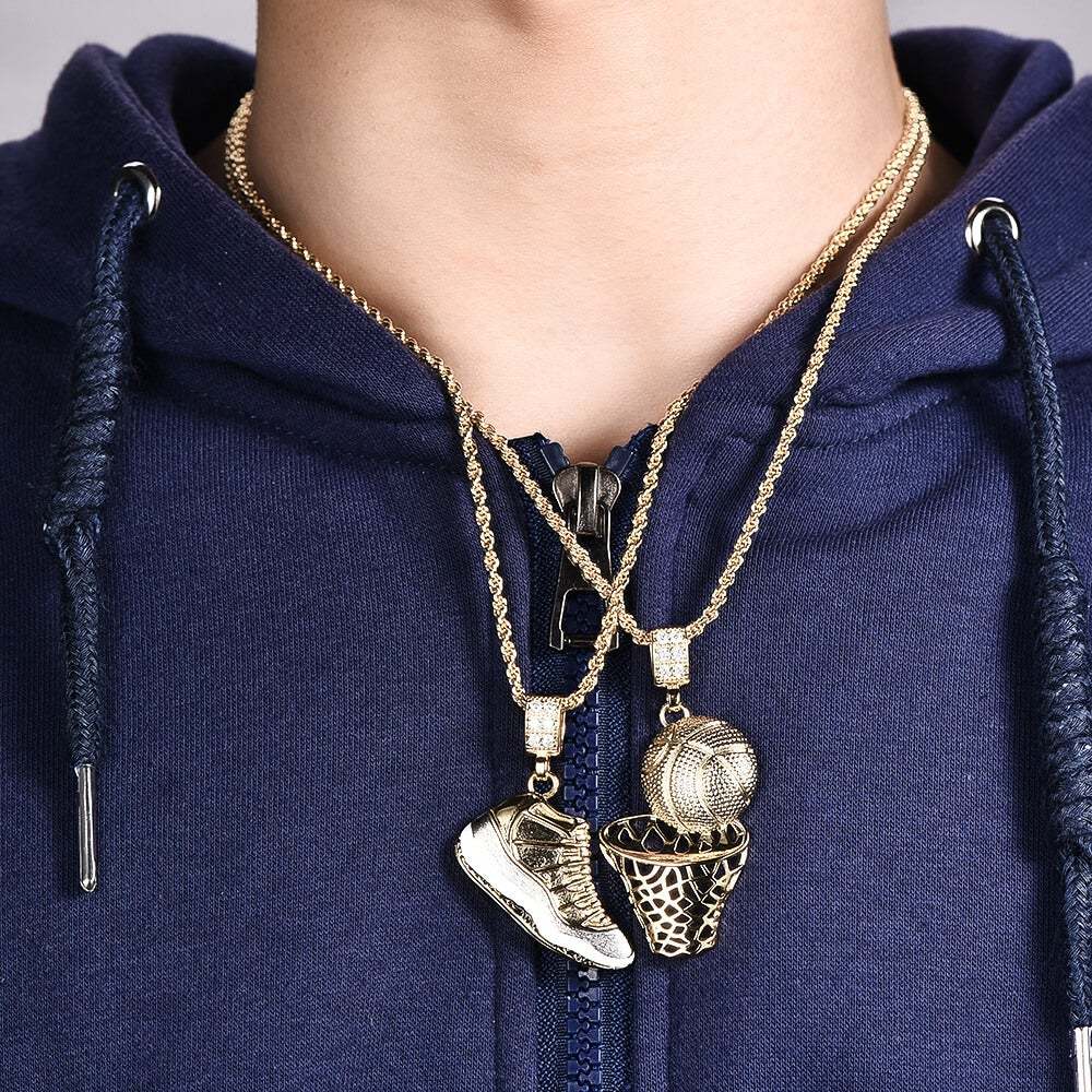 Hip Hop Retro Shoes Pendant & Basketball Basketball Hoop Pendant Gold Plated Necklace-silviax