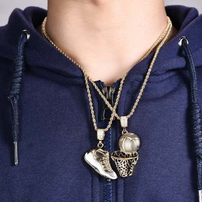 Hip Hop Retro Shoes Pendant & Basketball Basketball Hoop Pendant Gold Plated Necklace-silviax