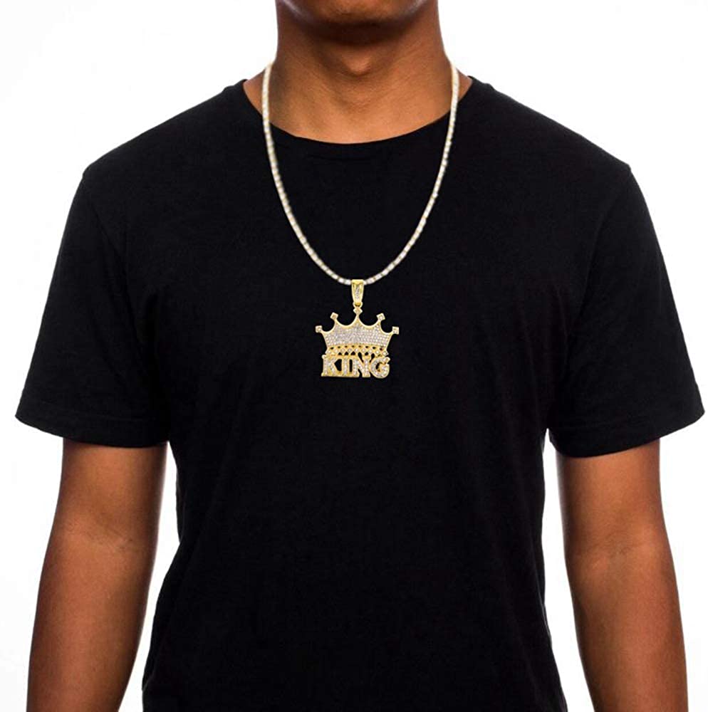 King Crown Pendant Neckalce Hip Hop Style Gold Plated Tennis Chain-silviax